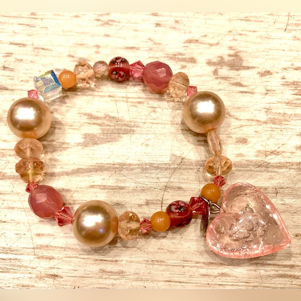 Vintage Tarina Tarantino Carved Lucite, Swarovski Pearls, & Heart Charm Bracelet